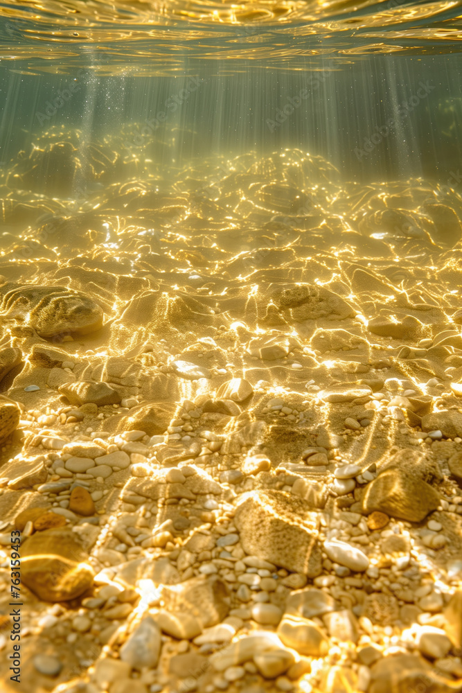 Poster light rays penetrate water and create beautiful caustics pattern on stones underwater. background im