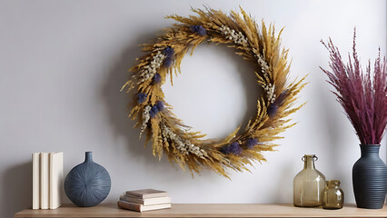 a wreath of dried flowers in the interior. copy space