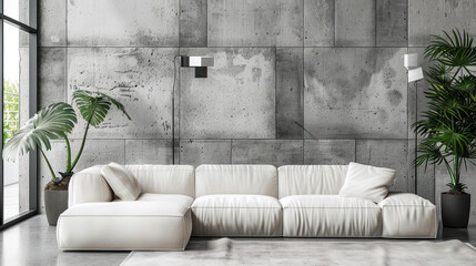 Interior de loft con diseño moderno de sala de estar en casa. Fotografía de estudio de un apartamento con sofá blanco frente a una pared de concreto.