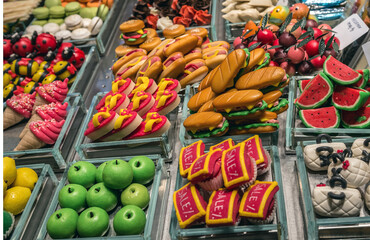 Sweets for sale on Mercat de Sant Josep de la Boqueria food market in Barcelona, Spain