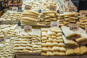 Fish fillets for sale on Mercat de Sant Josep de la Boqueria food market in Barcelona, Spain