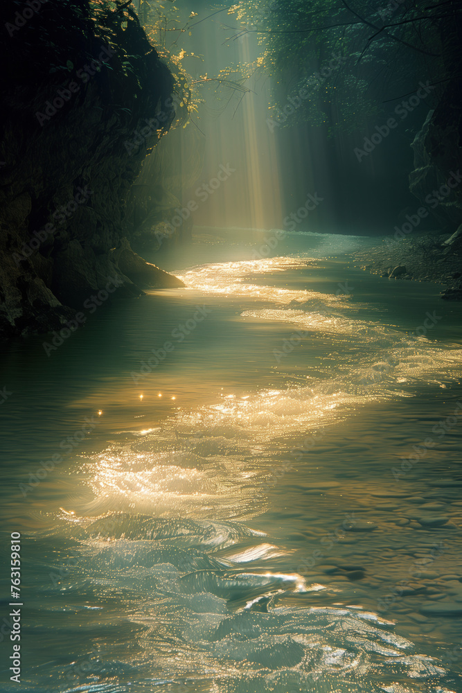 Poster gods rays on a forest river. surreal landscape. background image. created with generative ai technol