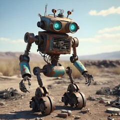 In a post-apocalyptic wasteland, the windup robot traverses the desolate terrain, its eyes alert for any signs of life.