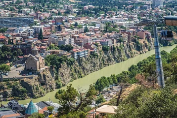 Fotobehang Aerial view with Kura River in Tbilisi, Georgia © Fotokon
