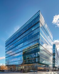 Modern Glass Building with Clear Blue Sky and Fluffy Clouds Futuristic Architecture Copy Space