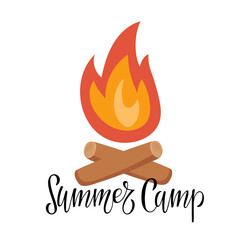 Summer Camp text with Cartoon fire. Sticks or firewood burn in red fire. Burning wood. Vector hand drawn illustration isolated on white background. Camping color icon for campsite cooking and heating.