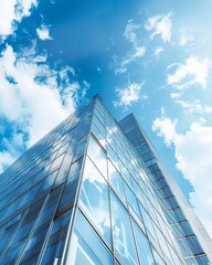 Fototapeta na wymiar Modern Glass Building with Clear Blue Sky and Fluffy Clouds Futuristic Architecture Copy Space