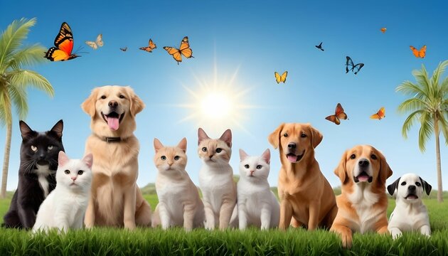 National pet day theme along with cute animals including dogs cats parrots and other birds along with grass trees blue sky sun butterflies