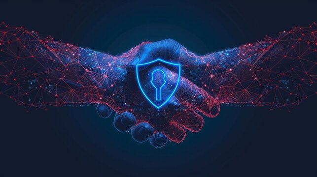 Handshake enclosed within a digital shield indicating secure partnership