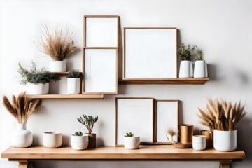 Scandinavian room interior with mock up photo frame on the wooden modern shelf with beautiful dry grass in different design pots