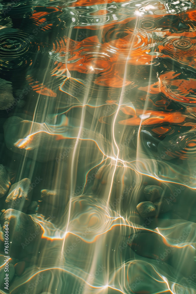 Poster beautiful ripple and caustics pattern on water surface. background image. created with generative ai