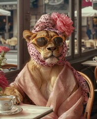 
lioness with a scarf, sunglasses and a flower on her head
