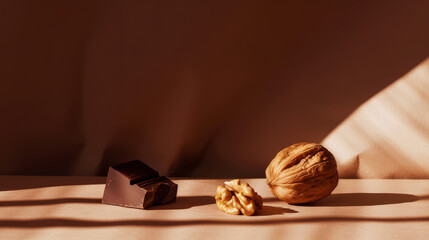 Peeled walnuts and delicious piece of dark chocolate on aesthetic dark brown background. Chocolate ad. Generative AI