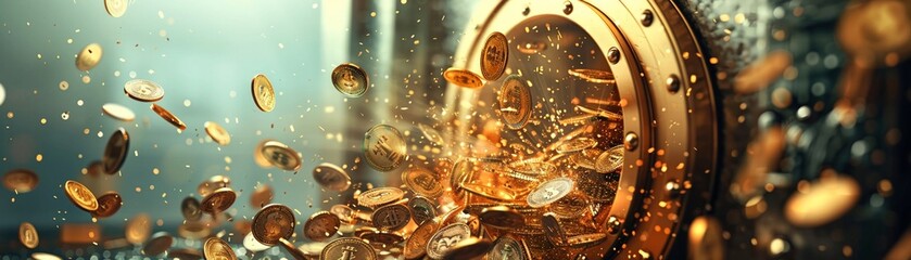 Money pouring out of a bank vault  Wealth and abundance concept - obrazy, fototapety, plakaty