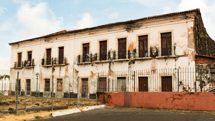 Facade of a typical colonial building, with iron windows and balconies, in the Desterro district,...