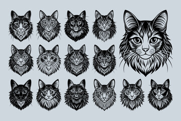 Cute hand drawn turkish angora cat head sticker design set - obrazy, fototapety, plakaty