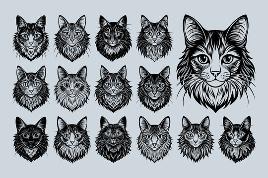 Cute hand drawn turkish angora cat head sticker design set