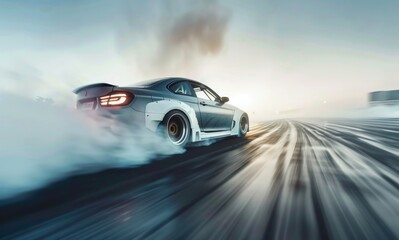Vehicle drifting on wet asphalt, tires smoking, under sky
