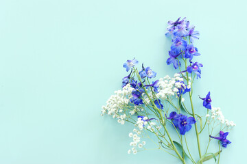 Top view image of violet delphinium flowers composition over mint background