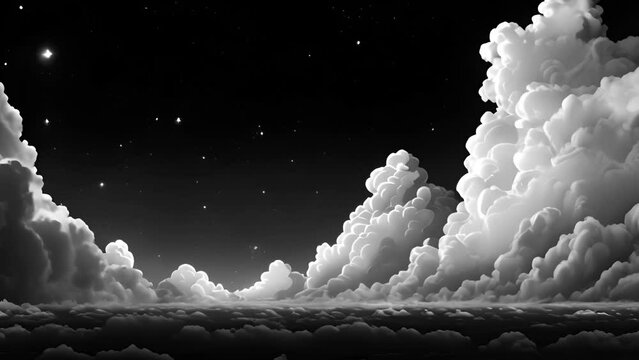 White animation,cartoon clouds on black background. 2d animation for background frame of clouds with copy space. moving 4k video