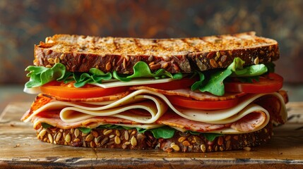 A close-up of a hearty sandwich made with multi-grain bread, layered with slices of cheese, turkey ham, and fresh tomatoes, accented by crisp green lettuce - AI Generated Digital Art