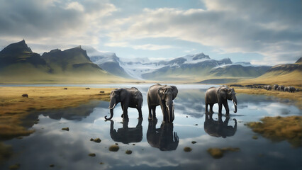Elephants in lake with mountains landscape - obrazy, fototapety, plakaty