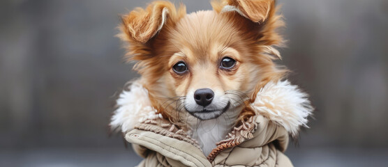 Puppy Wearing Winter Jacket, outdoor portrait.  Adorable dog dressed in a warm hooded winter coat, pet clothes.