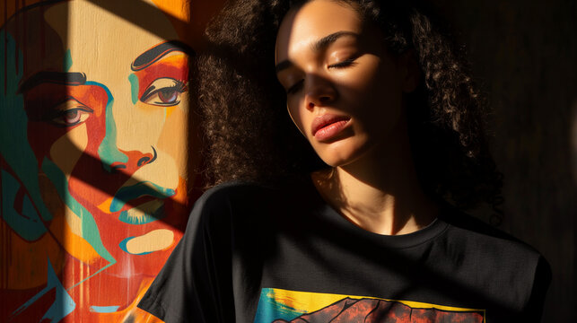 Girl in T-shirt with graphic illustration against a dark graffiti wall in the power of romantic feelings. - Powered by Adobe