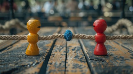 A close-up view of two wooden figurines, one painted yellow and the other red, facing each other on opposite sides of a taut rope with a central blue knot - AI Generated Digital Art - obrazy, fototapety, plakaty