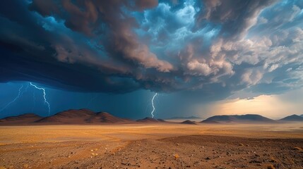 A dramatic desert scene under a tempestuous sky with dark clouds filling the sky and occasional lightning streaking - AI Generated Digital Art - obrazy, fototapety, plakaty