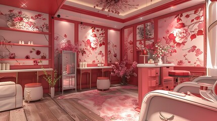 an image of a cozy nail salon with soft red hues and floral accents