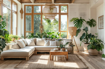 Fototapeta na wymiar A modern living room with wooden furniture, large windows and plants