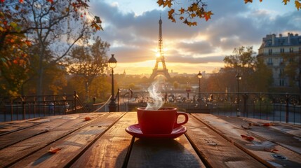 The Paris Eiffel Tower stands tall with its timeless architecture. The background was lit by the soft light of dawn. The morning scene captures the unique charm of Paris with a red coffee cup. - obrazy, fototapety, plakaty