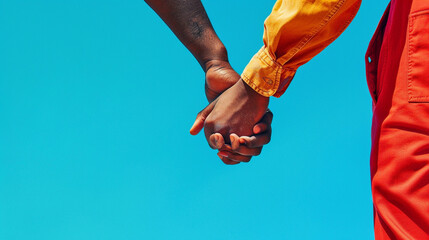 An uplifting image of workers holding hands in solidarity on Labour Day, set against a vibrant blue background symbolizing hope and progress, ready for custom text insertion. 32K. - Powered by Adobe