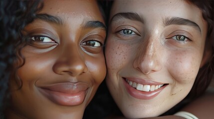 Head shot close up happy mixed race girl cuddling smiling indian female friend. Overjoyed excited best buddies emracing hugging, greeting each other with success, true strong friendship concept.
