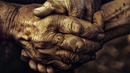 A close-up shot of hands clasped together in unity, demonstrating the strength of solidarity among workers on Labour Day. 32K. - obrazy, fototapety, plakaty