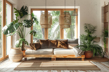 A modern living room with wooden furniture, large windows and plants