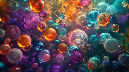Abstract composition with underwater tubes with colorful jelly balls inside and bubbles - obrazy, fototapety, plakaty