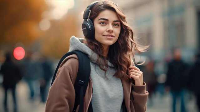 City beauty smiling outdoors while listening to music