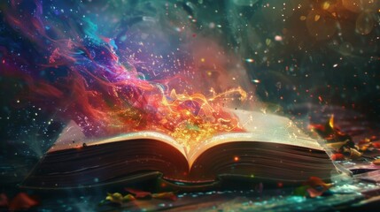 Magic adventure story coming out of an open book, symbolizing the power of reading