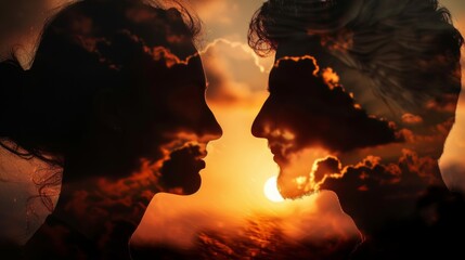 Profiles of romantic couple looking at each other on background of sunset - obrazy, fototapety, plakaty