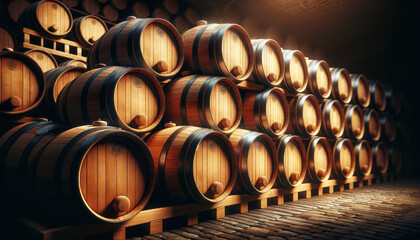 wine barrels stacked in a cellar, showcasing a variety of rich wood tones and textures.