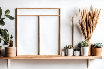 frame and potted vase on the table on white wall background - obrazy, fototapety, plakaty