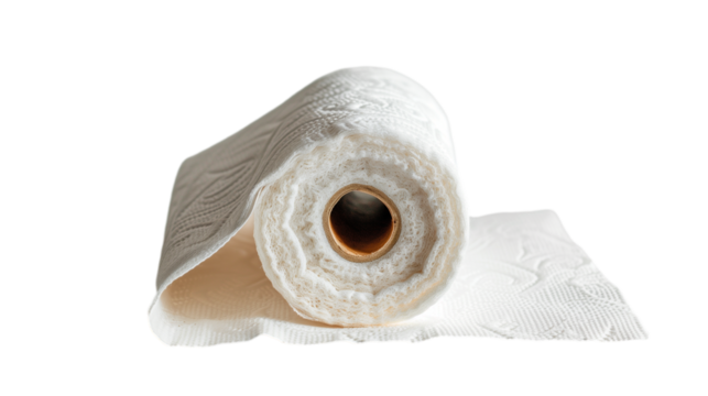 Single roll of white patterned paper towel isolated on transparent background
