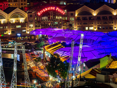 Singapore - October 18 2019: City view at Singapore clarke Quay area at night before COVID.