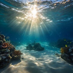 Fototapeta na wymiar Capture the mesmerizing allure of light submerged in crystal-clear water, illuminating the ocean's depths with ethereal radiance.