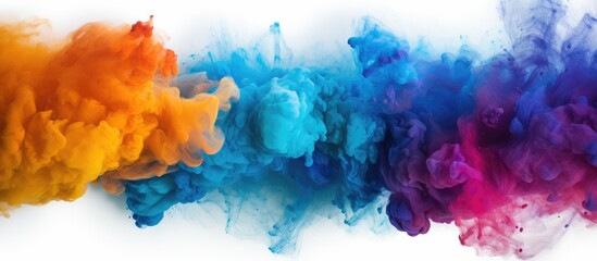 An electric blue and magenta petal pattern of colorful smoke is rising from the aqua liquid on a...