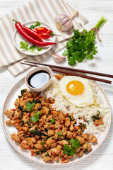 basil chicken stir fry with rice and fried egg