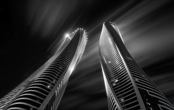 black and white low shot of skyscrapers created with Generative AI technology