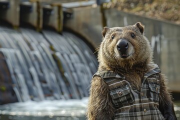 Creative Beaver in Engineer's Vest, building with a river dam silhouette background